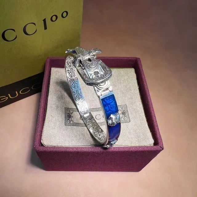 Gucci Tiger Motif Blue Enamel Filigree Bangle Bracelet