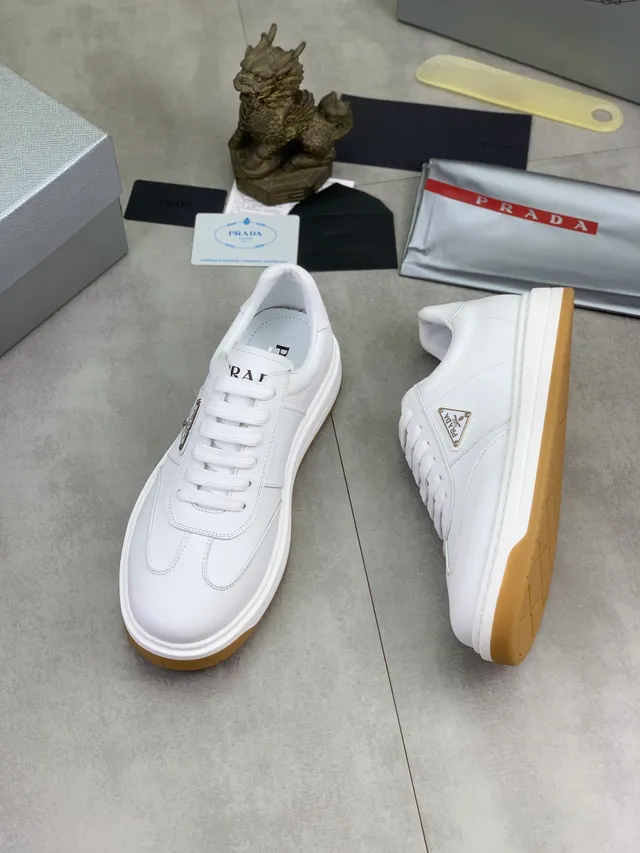 Prada White Beige Leather Triangular Metal Logo Plaque Lifestyle Sneakers