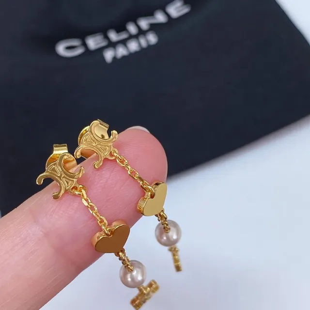 Celine Triomphe Heart and Pearl Chain Drop Earrings