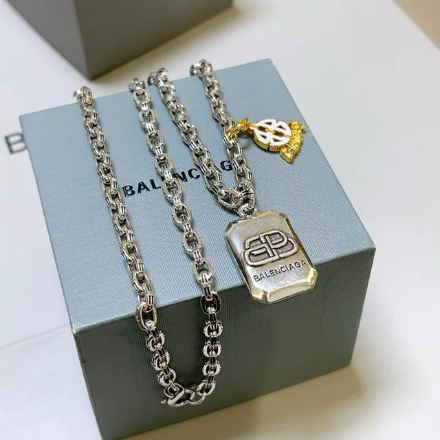 Balenciaga Multi-Charm Necklace Silver Gold Chunky Link Chain Rectangular Engraved Pendant Necklace