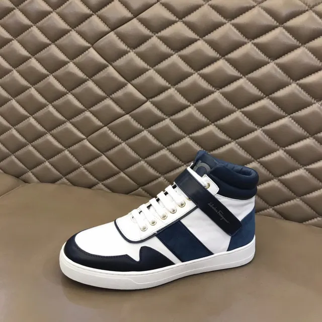 Salvatore Ferragamo White and Navy High-Top Strap Sneakers