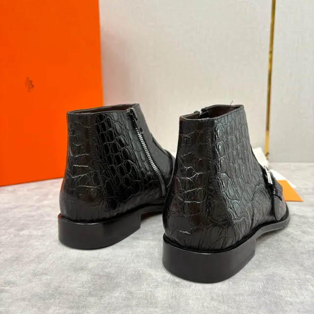 Hermès Monk Strap Ankle Boot Black Silver Crocodile-Embossed Leather Side Zipper Ankle Boots