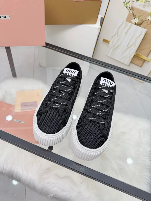 Miu Miu Wander Black White Mesh Upper Ridged Platform Sole Chunky Sneakers
