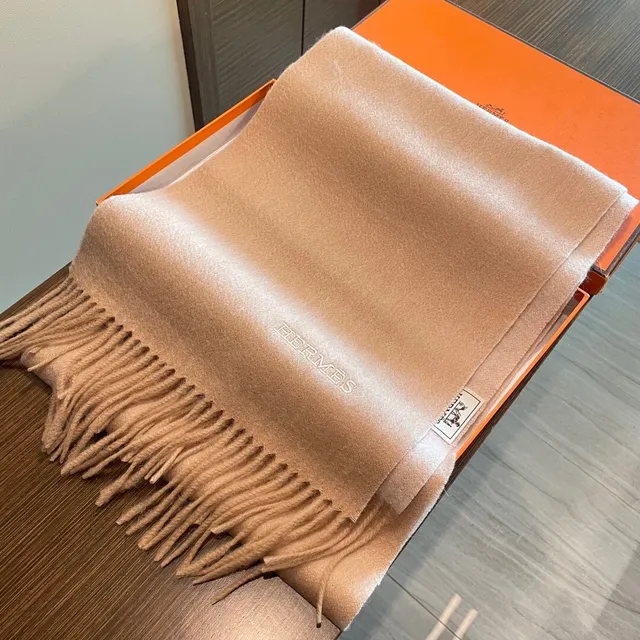Hermès Beige Soft Texture Frayed Edge Finish Cashmere Scarf