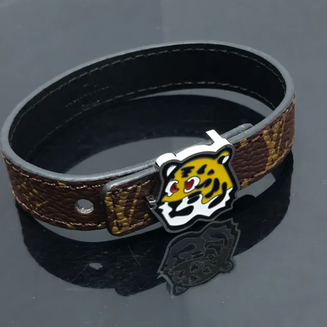 Louis Vuitton Brown Yellow Monogram Leather Enamel Tiger Buckle Belt