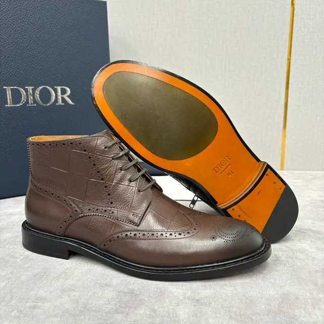 Dior Brown Black Brogue-Perforated Crocodile-Embossed Leather Ankle Boots