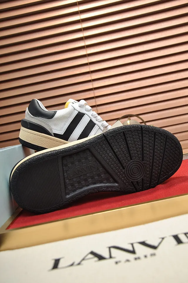 Lanvin White Black Mixed-Material Upper Side Stripe Branding Lifestyle Sneakers