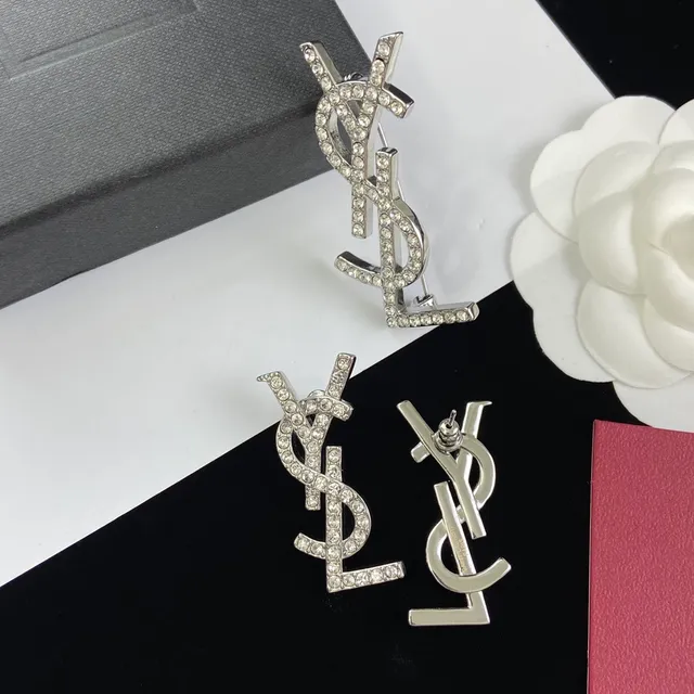 Saint Laurent Monogram Brooch Crystal-Encrusted Silver-Tone YSL Brooch