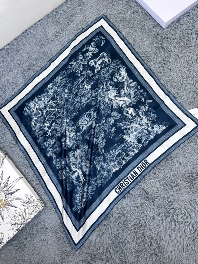 Dior Navy White Abstract Botanical Print Blue Base Silk Scarf