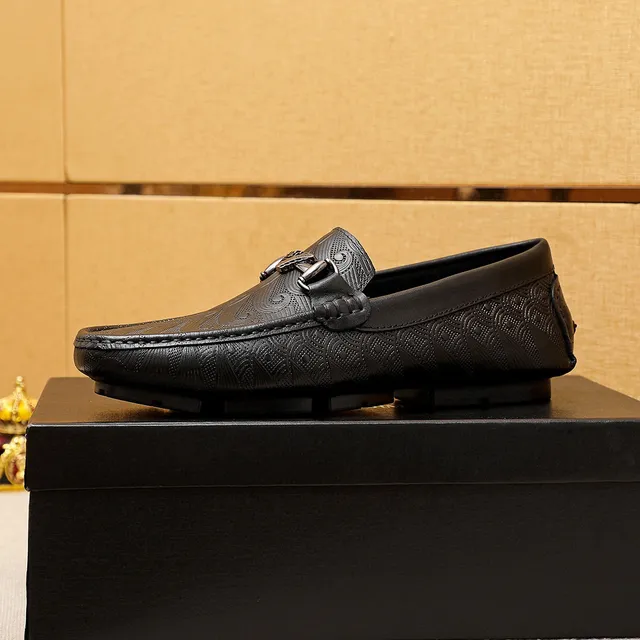 Giorgio Armani Black Silver Embossed Wave Pattern Metal Horsebit Buckle Loafer