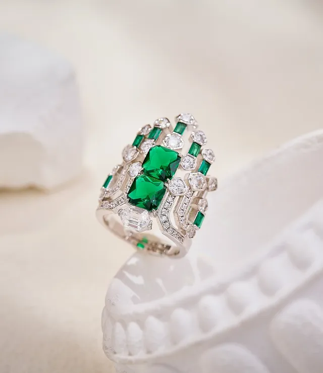 Emerald-Cut Green Gemstone and Diamond Art Deco Style Ring