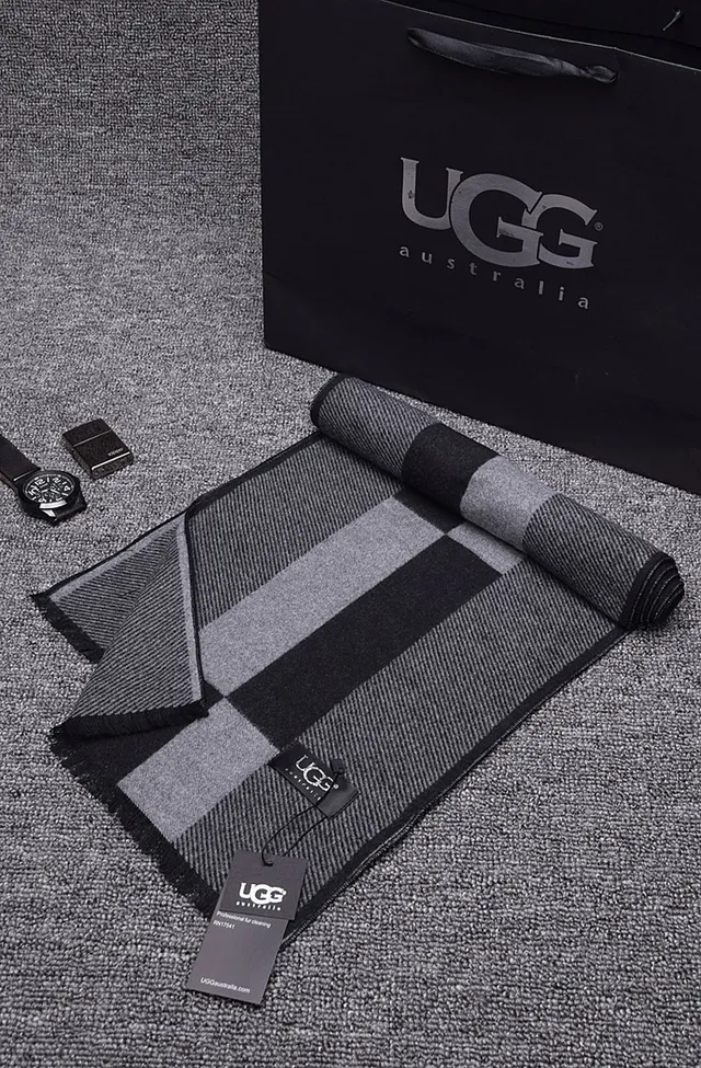 UGG Gray Black Block-Striped Woven Cashmere Scarf