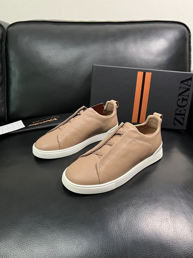 Zegna Beige Leather Slip-On Sneakers