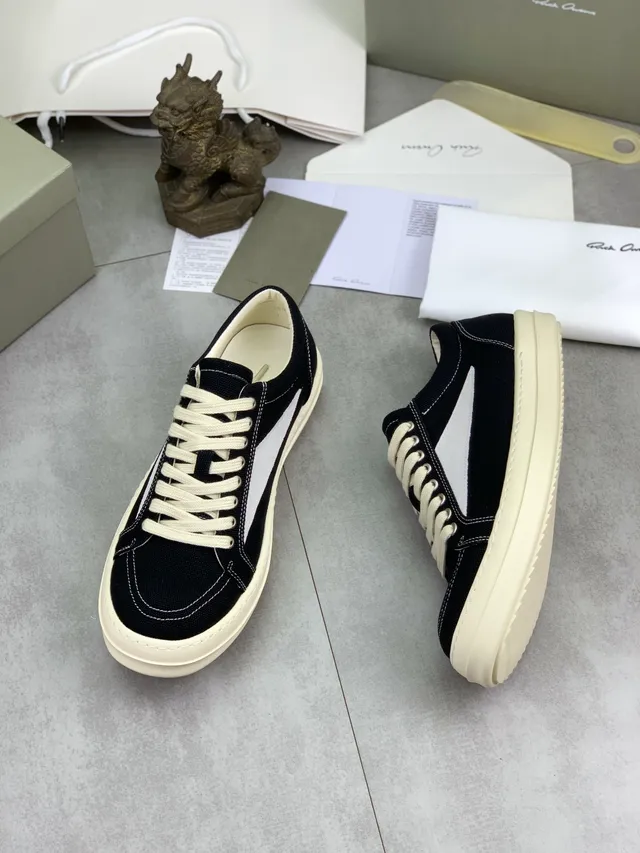 Rick Owens Geobasket Black and Cream Canvas Lifestyle Sneakers