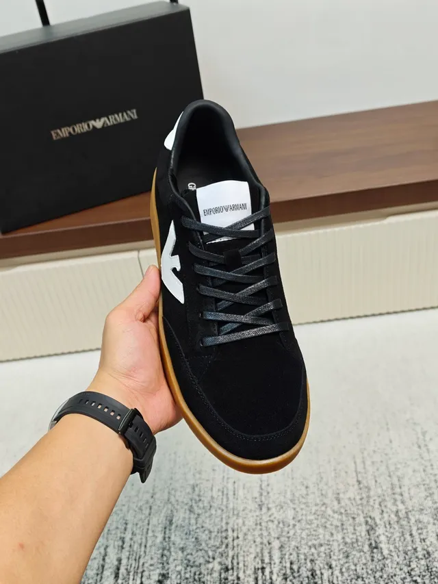 Emporio Armani Black White Suede Upper Gum Rubber Sole Sneakers