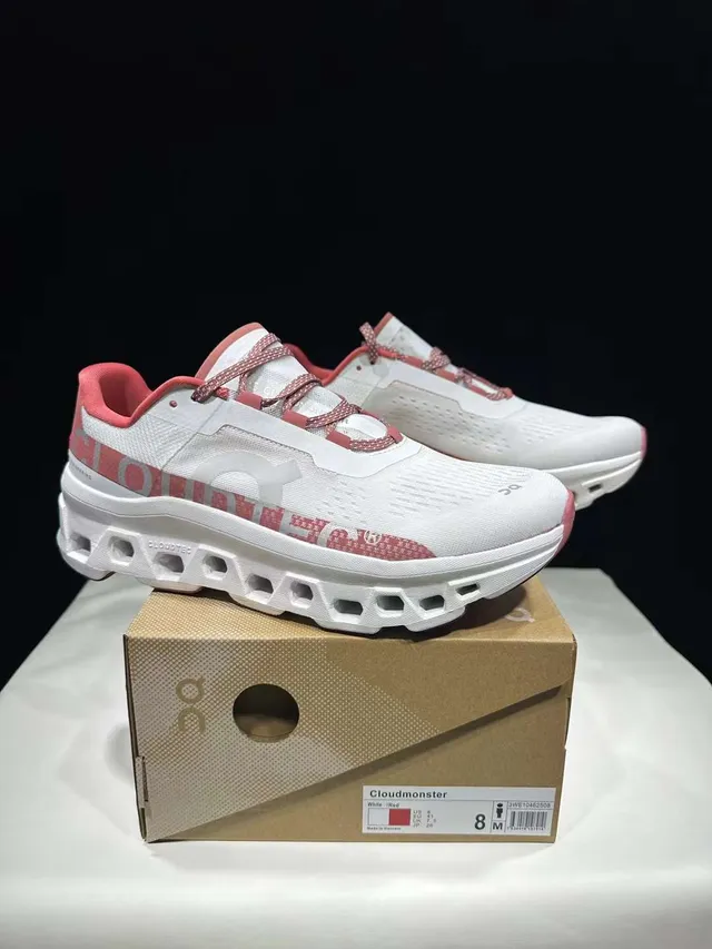 On Cloudmonster White Pink Running Shoes