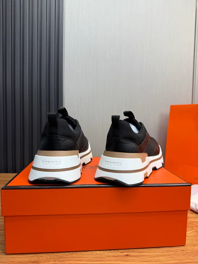 Hermès Black White Textile And Pebbled Leather Upper Layered Tan Sole Sneakers