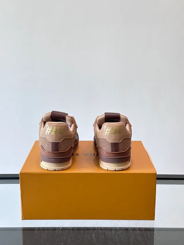 Louis Vuitton LV Trainer Brown Beige Layered Mesh And Leather Upper Monogrammed Strap Overlays Lifestyle Sneakers