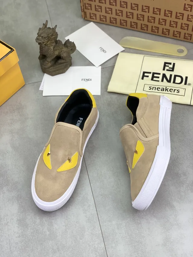 Fendi Monster Eye Beige and Yellow Suede Slip-On Lifestyle Sneakers