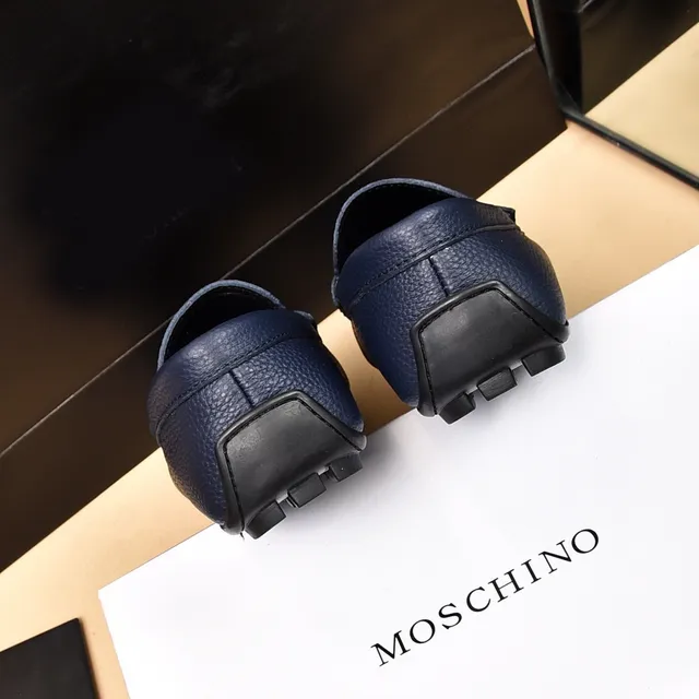 Moschino Logo-Strap Loafer Navy Gold Pebbled Leather Detail Loafer