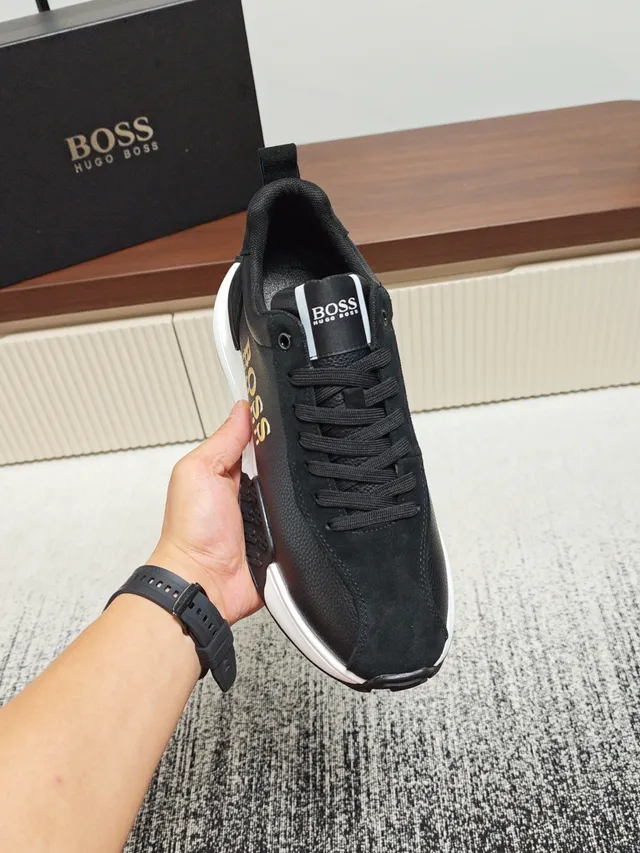 Hugo Boss Black Gold Pebbled Leather Upper Branding Sneakers