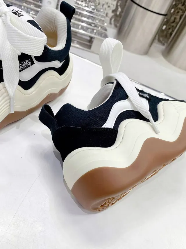 Jil Sander Black White Sculpted Wavy Midsole Canvas Upper Chunky Sneakers