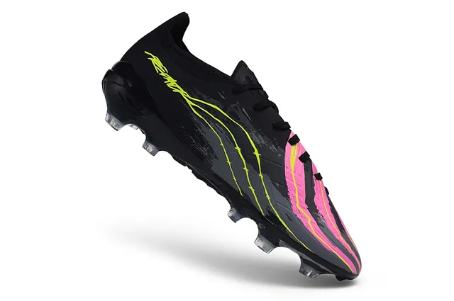 Puma Black Pink Molded Synthetic Upper Asymmetrical Neon Graphic Overlay Firm-Ground Soccer Shoes