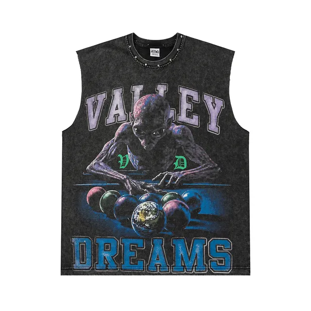 Acid-Wash Denim Graphic Vest Top