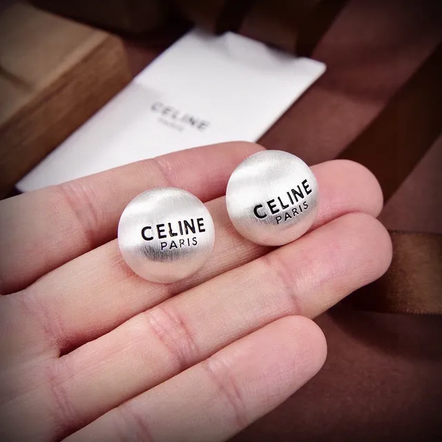 Celine Silver Gold Spherical Engraved Logo Earrings