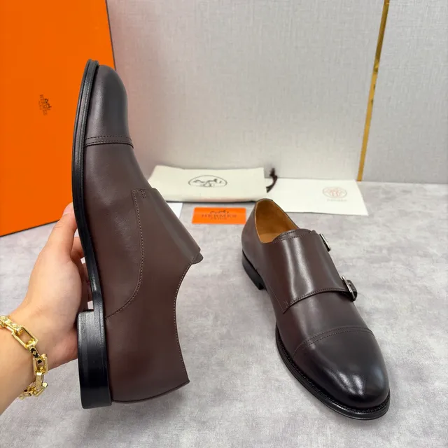 Hermès Double Monk Strap Cap Toe Brown Leather Monk Shoes