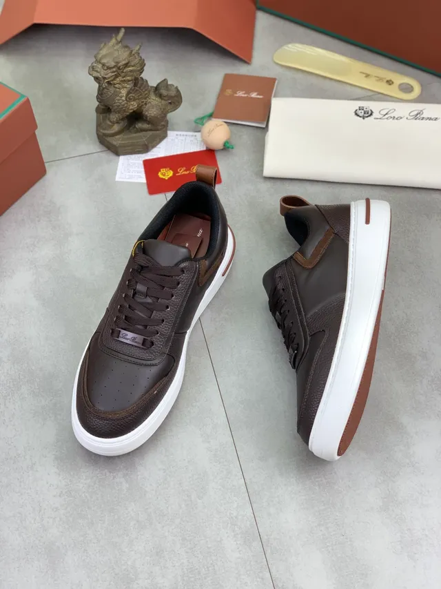 Loro Piana Brown Beige Leather-and-Suede Upper Perforated Toe Cap Lifestyle Sneakers
