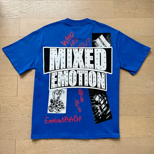 Mixed Emotion Blue Red Graphic-Print Marquee Typography T-Shirt