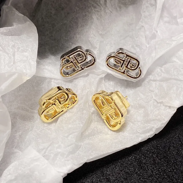Balenciaga BB Gold Silver Interlocking Monogram Openwork Metal Earrings