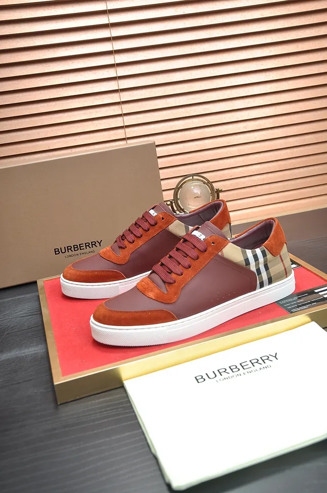Burberry Burgundy Orange House Check Panel Color-Blocked Leather And Suede Lifestyle Sneakers