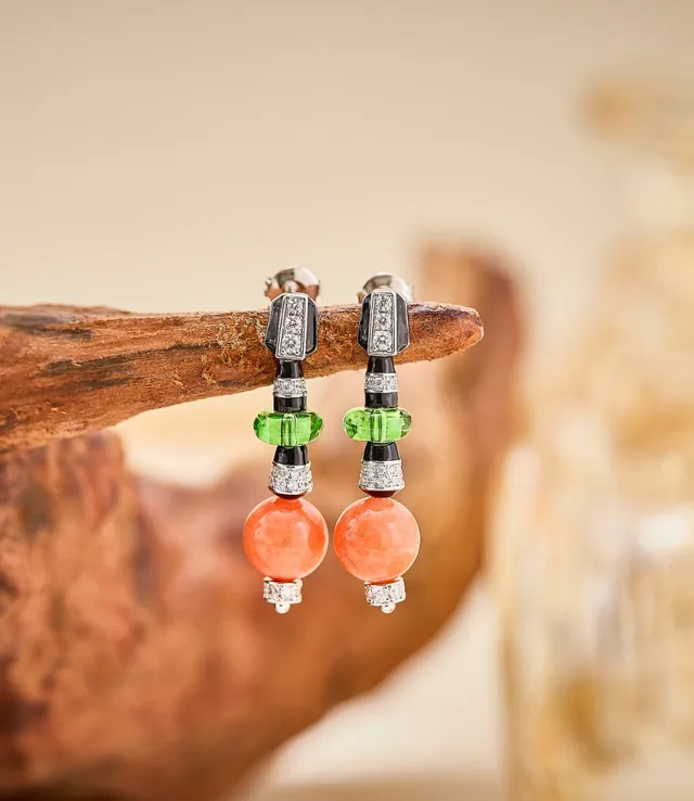 Orange Green Beaded Drop Multi-Stone Earrings