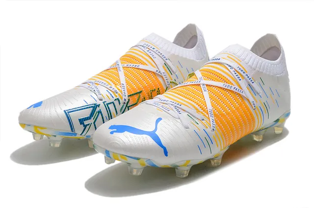 Puma Future Z White Multicolor Sock-Fit Collar Textured Orange Cage Firm-Ground Soccer Shoes