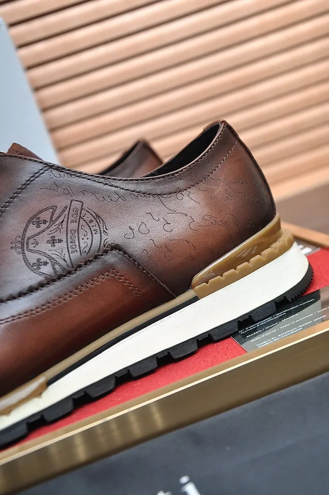 Berluti Brown White Polished Leather Embossed Crest Logo Derby Shoes