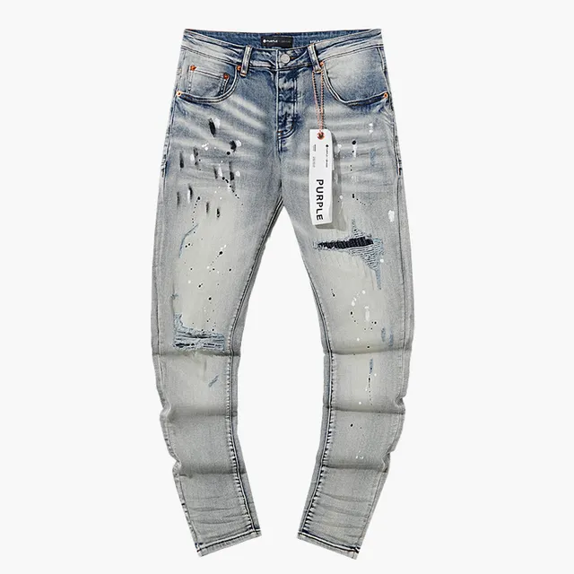 Purple Brand Distressed Paint-Splattered Light-Wash Slim-Fit Jeans