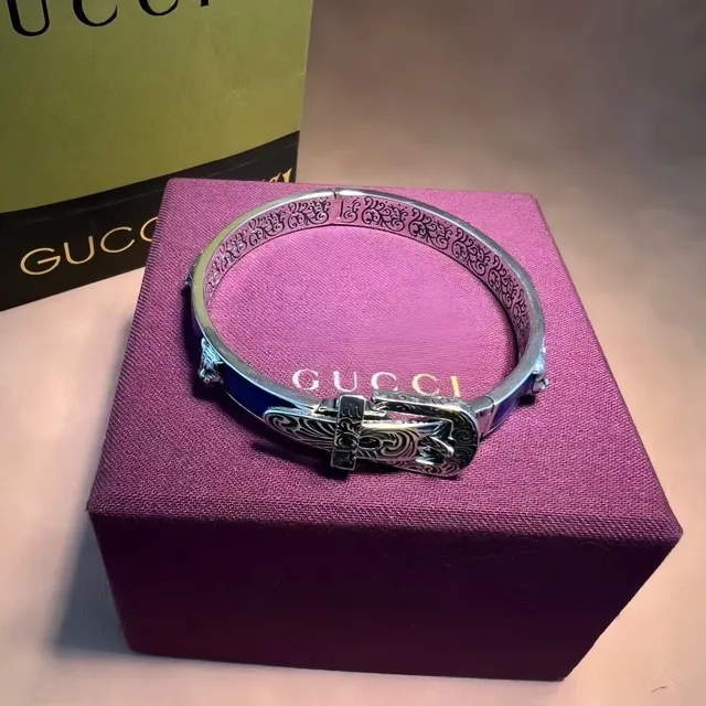Gucci Tiger Motif Blue Enamel Filigree Bangle Bracelet