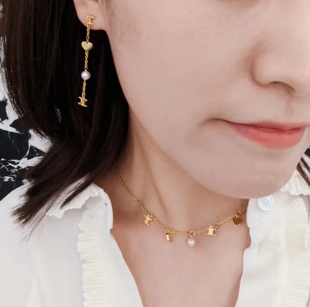 Celine Triomphe Heart and Pearl Chain Drop Earrings
