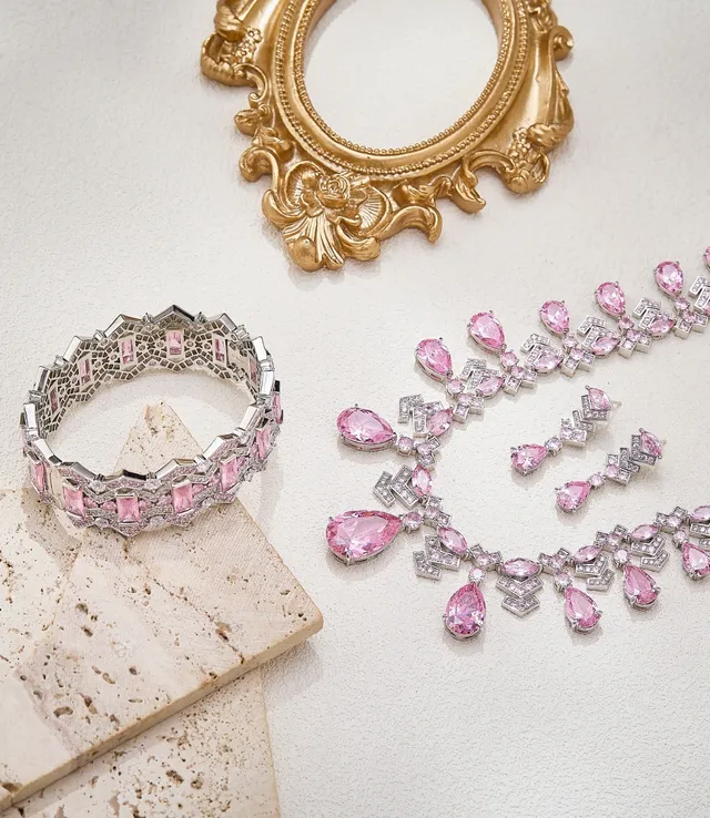 Geometric Pavé-Set Pink and Clear Stone Silver-Tone Bangle Bracelet