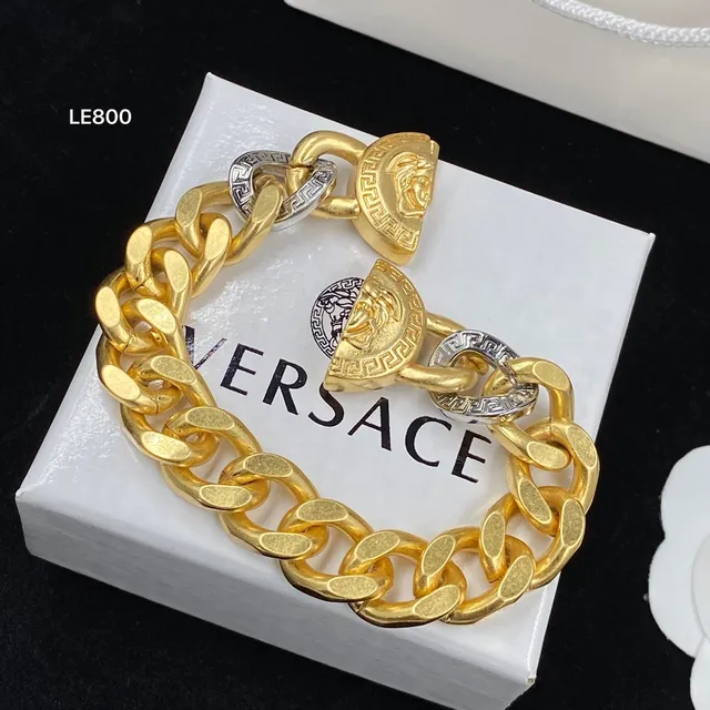 Versace Gold Silver Chunky Curb Chain Medusa Head Medallion Bracelet