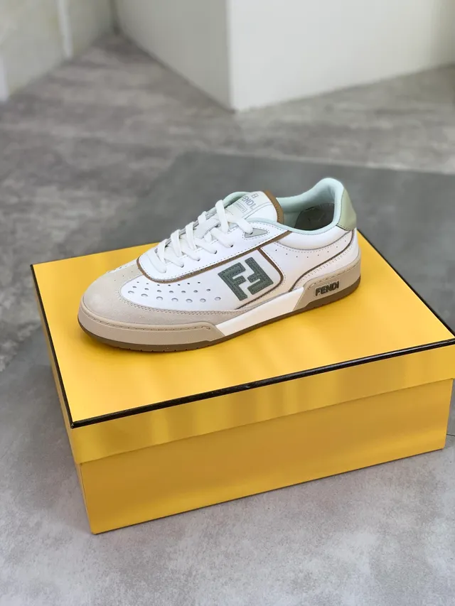 Fendi Sneakers White Beige Mint Green Perforated Leather Lifestyle Sneakers
