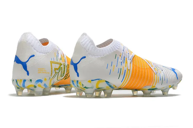Puma Future Z White Multicolor Sock-Fit Collar Textured Orange Cage Firm-Ground Soccer Shoes