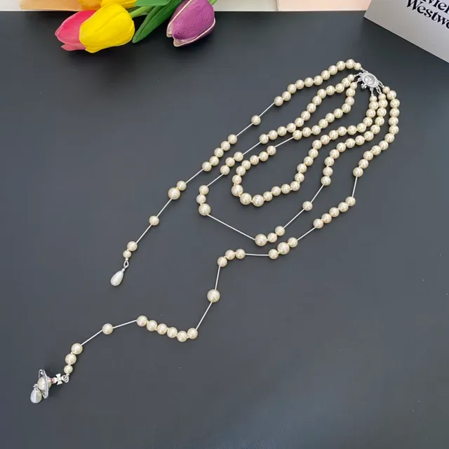 Vivienne Westwood Orb Pearl Necklace Beige Gold Multi-Strand Logo Clasp Necklace