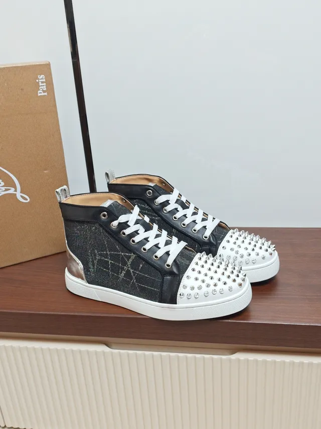 Christian Louboutin Lou Spikes Black White High-Top Studded Toe Cap Lifestyle Sneakers