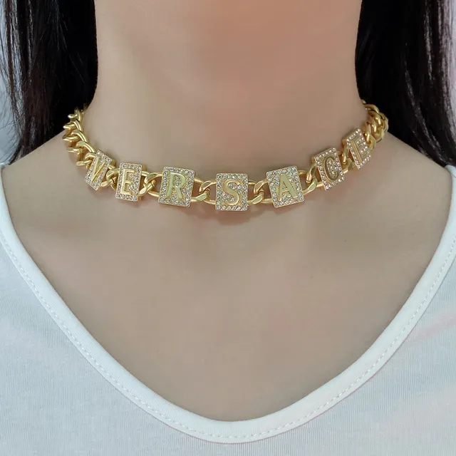 Versace Chain Reaction Gold Silver Curb Crystal-Embellished Letter Charms Necklace