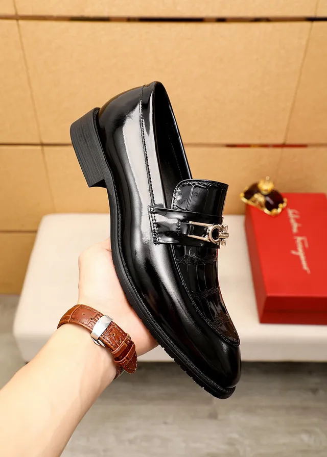 Salvatore Ferragamo Gancini Loafer Black Patent Croc-Embossed Loafers