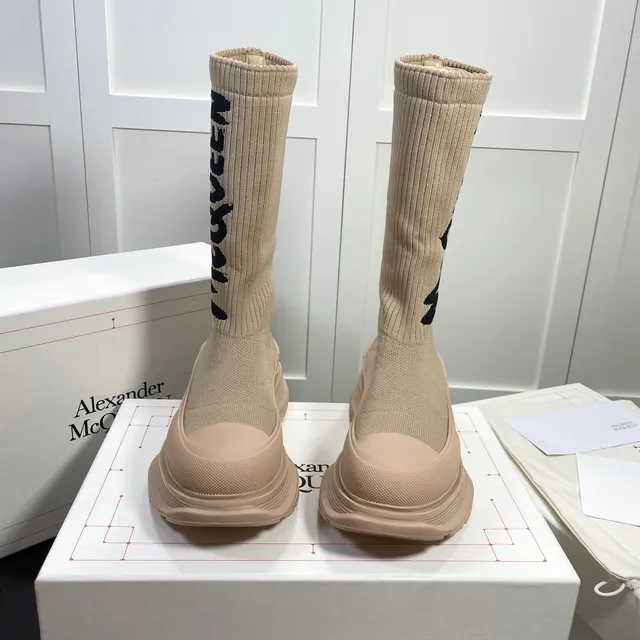 Alexander McQueen Tread Slick Beige Knit Logo Knee Boots