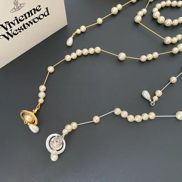 Vivienne Westwood Orb Pearl Necklace Beige Gold Multi-Strand Logo Clasp Necklace